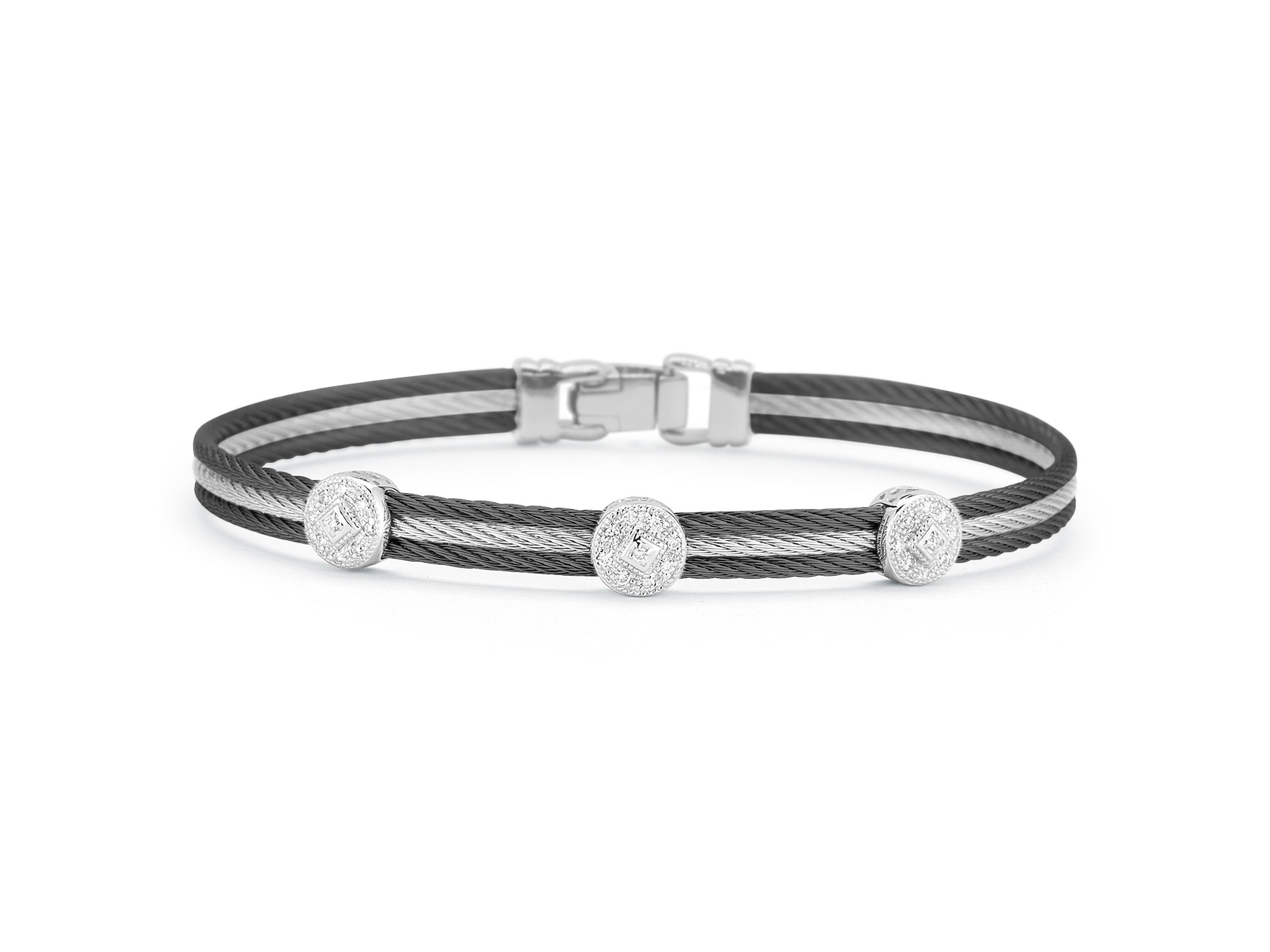 Alor Grey Cable Triple Strand Bracelet with 18kt White Gold & Diamonds (Size: Size 7.5)