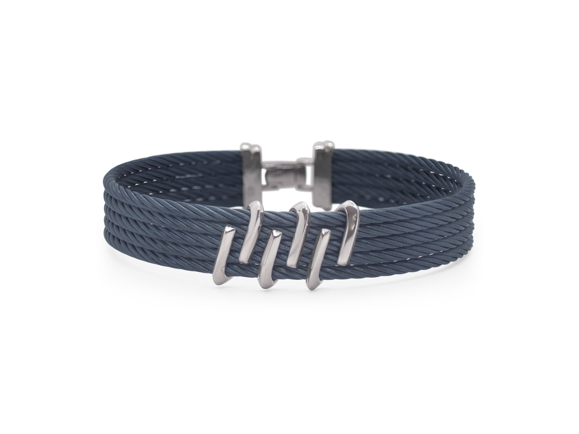 Alor Men's Grey Cable & Blue Leather Bracelet with Slim Steel Station (Size: Size 8.75)